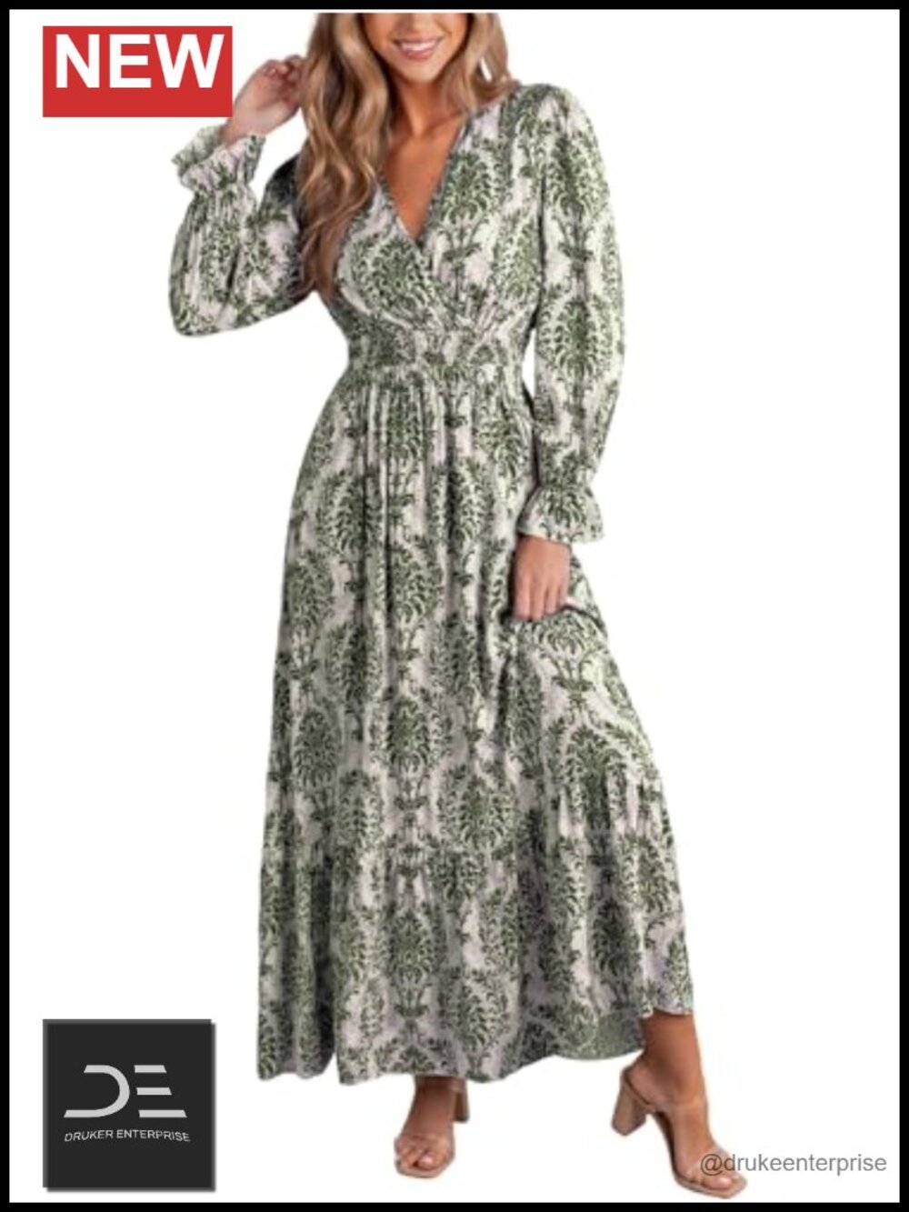 CUPSHE Women Floral Maxi Dress Long Sleeve V Neck Smocked Waist Fall